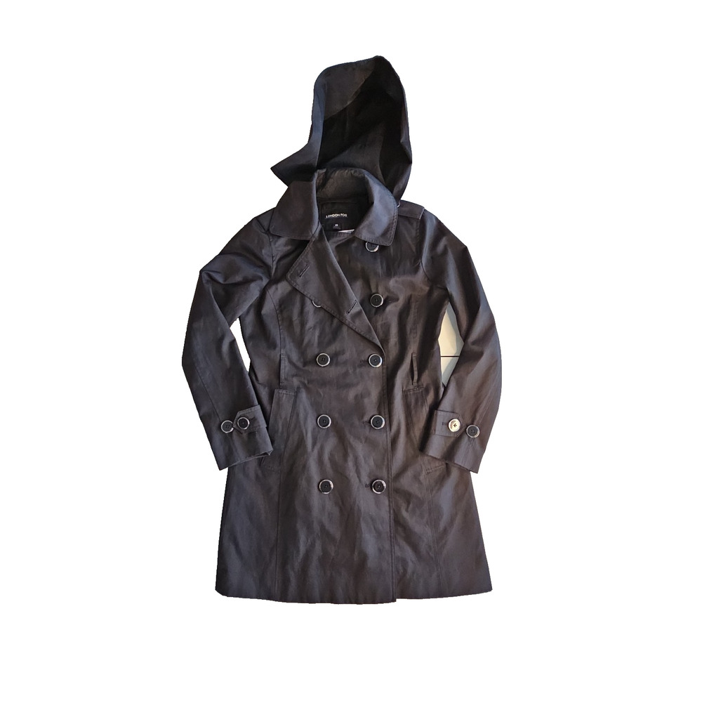 London Fog Women's XS Black Double Breasted Trench Coat Removable Hood